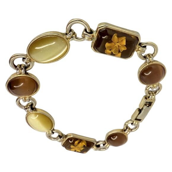 Vintage Brown & Gold Pressed Flower Chain link Bracelet 7.25" Cottagecore Boho - Picture 4 of 11